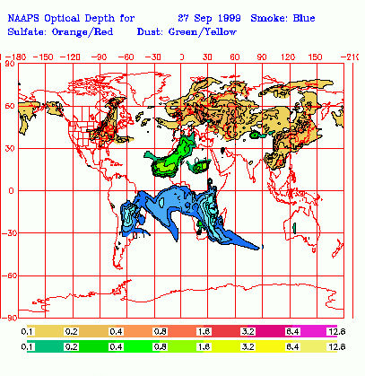 FIGURA 1.2 Mapa global da estimativa de aerossóis (fumaça, poeira e névoa). FONTE: NRL (1999).