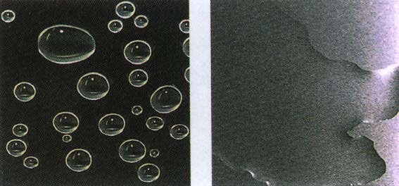 Figura 3 - À esquerda, ilustra-se o fenómeno de embaciamento e formação de gotículas de água, enquanto que, à direita, a água forma um lençol transparente através do qual se consegue ver nitidamente