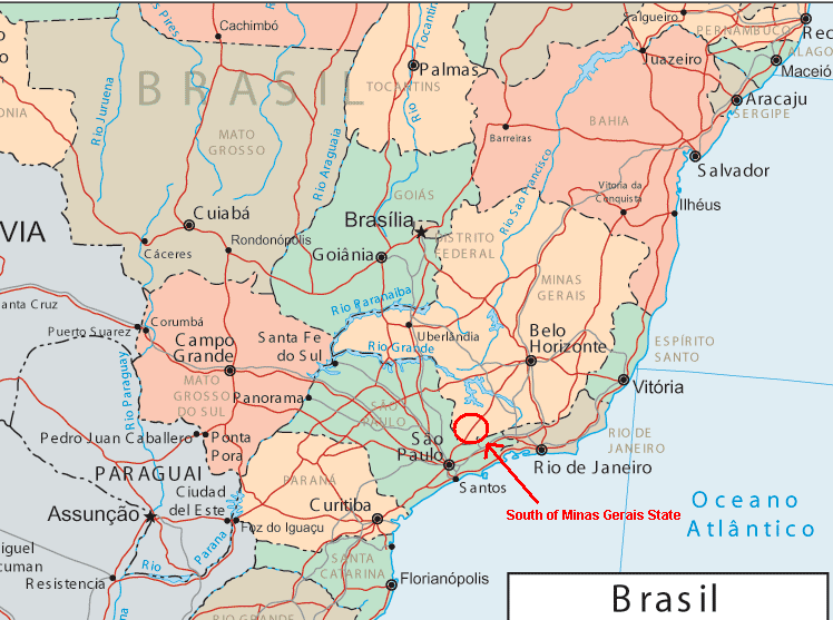 feam engebio 4 Figura 1 - Macrolocalização da Usina na região do Sul de Minas Gerais A Figura 2 - Possível localização da planta da UAER destaca com círculos azuis, as alternativas de
