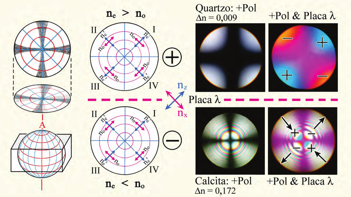 Métodos conoscópicos Determinação do sinal óptico de minerais uniaxiais Para determinação do sinal óptico, são necessárias seções cristalinas que sejam isotrópicas ou que mostrem uma cor de