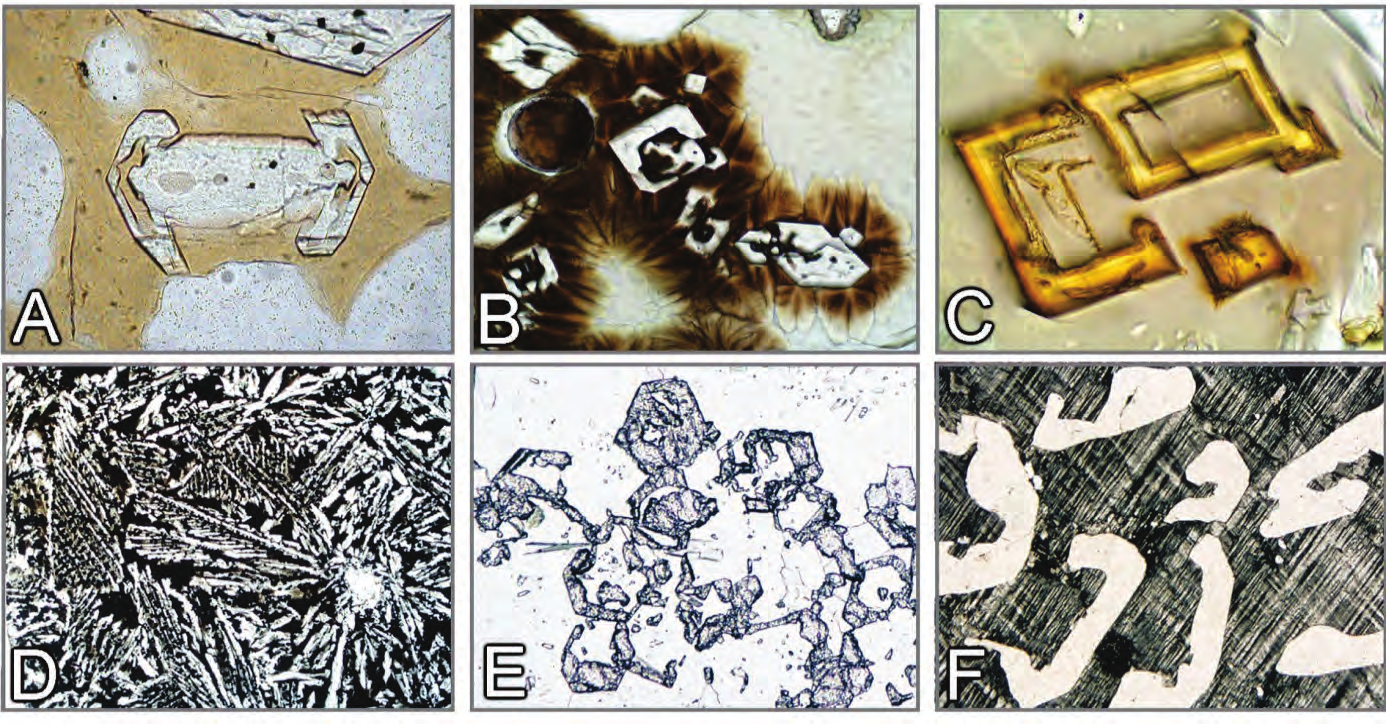 Guia para Microscopia Propriedades morfológicas: forma e simetria Figura 3-7. Formas esqueletais de cristais. A: Olivina (basalto). B, C e D: Diopsídio, ferriclinopiroxênio e kirschsteinita (escória).
