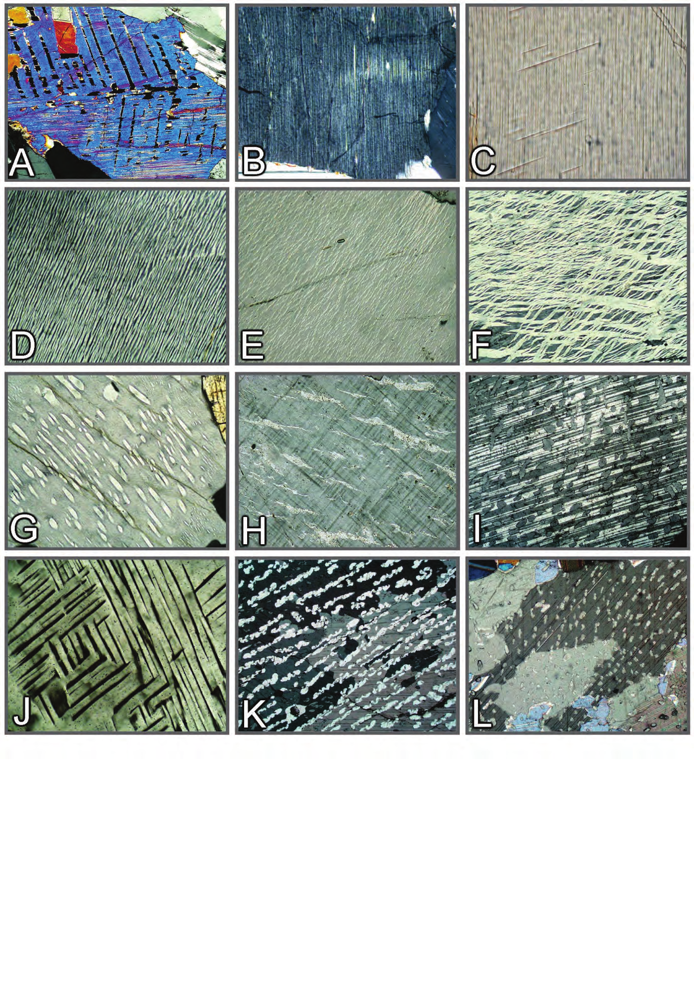 Propriedades morfológicas: texturas de exsolução Figura 3-24. Texturas de exsolução. A: Augita com macla segundo (100) e lamelas de exsolução de pigeonita segundo (001).