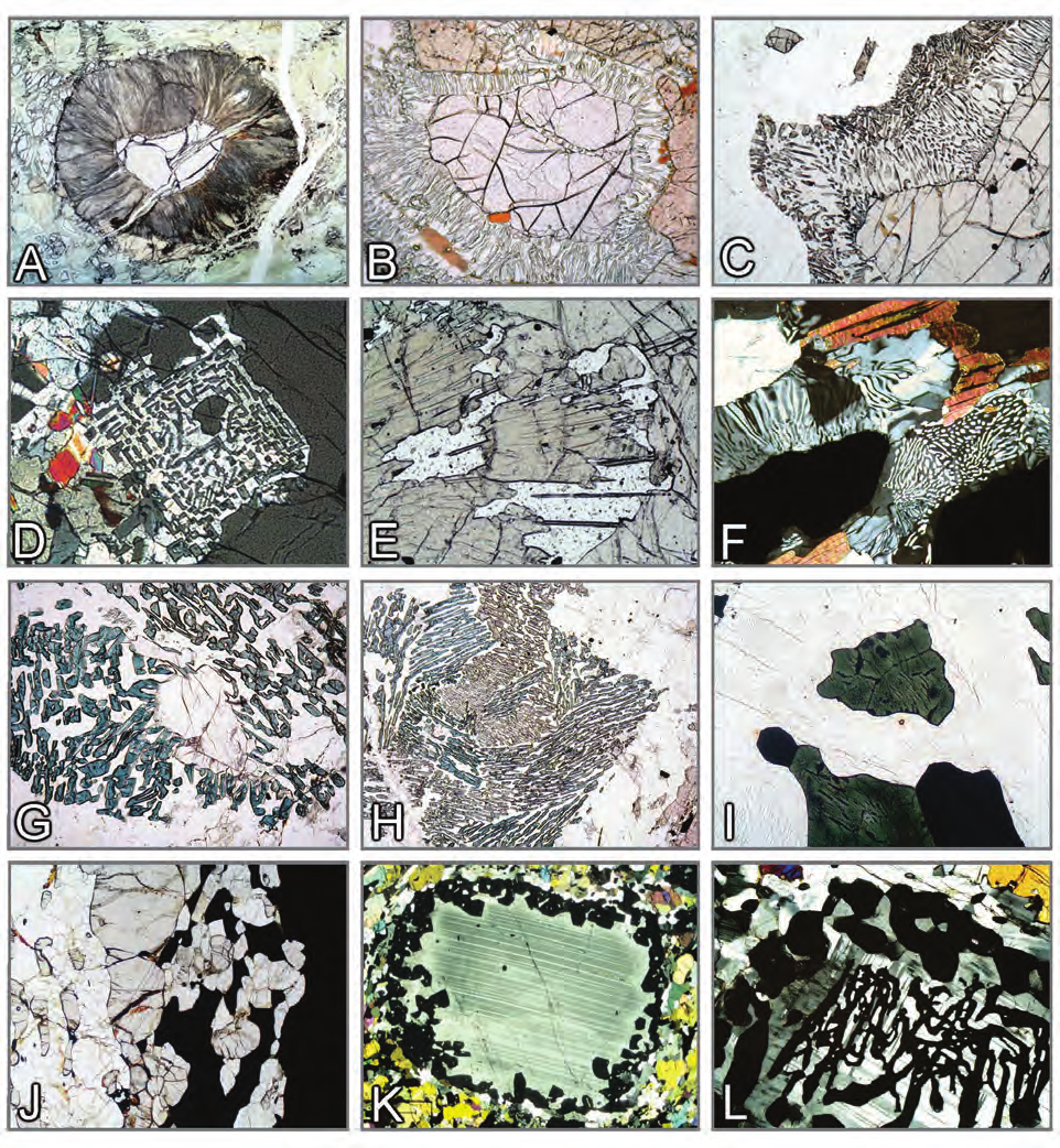 Propriedades morfológicas: texturas de de reação Figura 3-26. Texturas de reação em granulitos.
