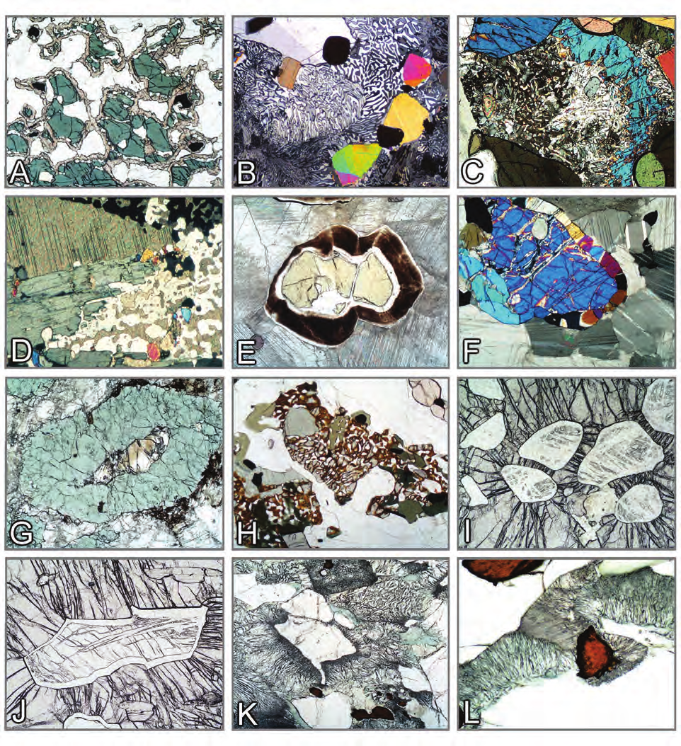 Propriedades morfológicas: texturas de de reação Figura 3-27. Texturas de reação em granulitos e rochas metamórficas de alta a ultra-alta pressão (HP-UHP).