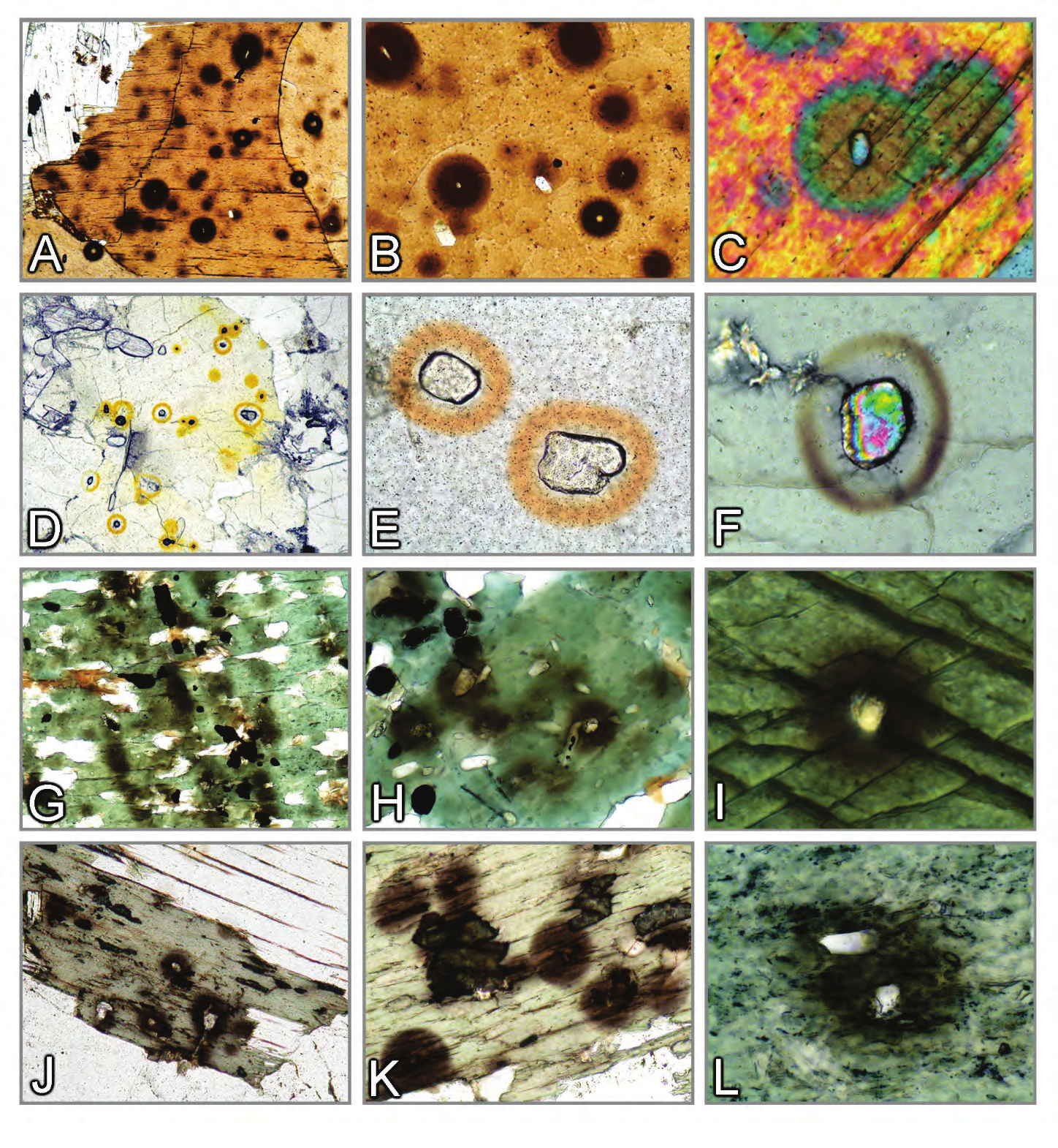 Propriedades morfológicas: texturas de alteraçãon Figura 3-30. Halos pleocróicos no entorno de minerais contendo isótopos radiogênicos.