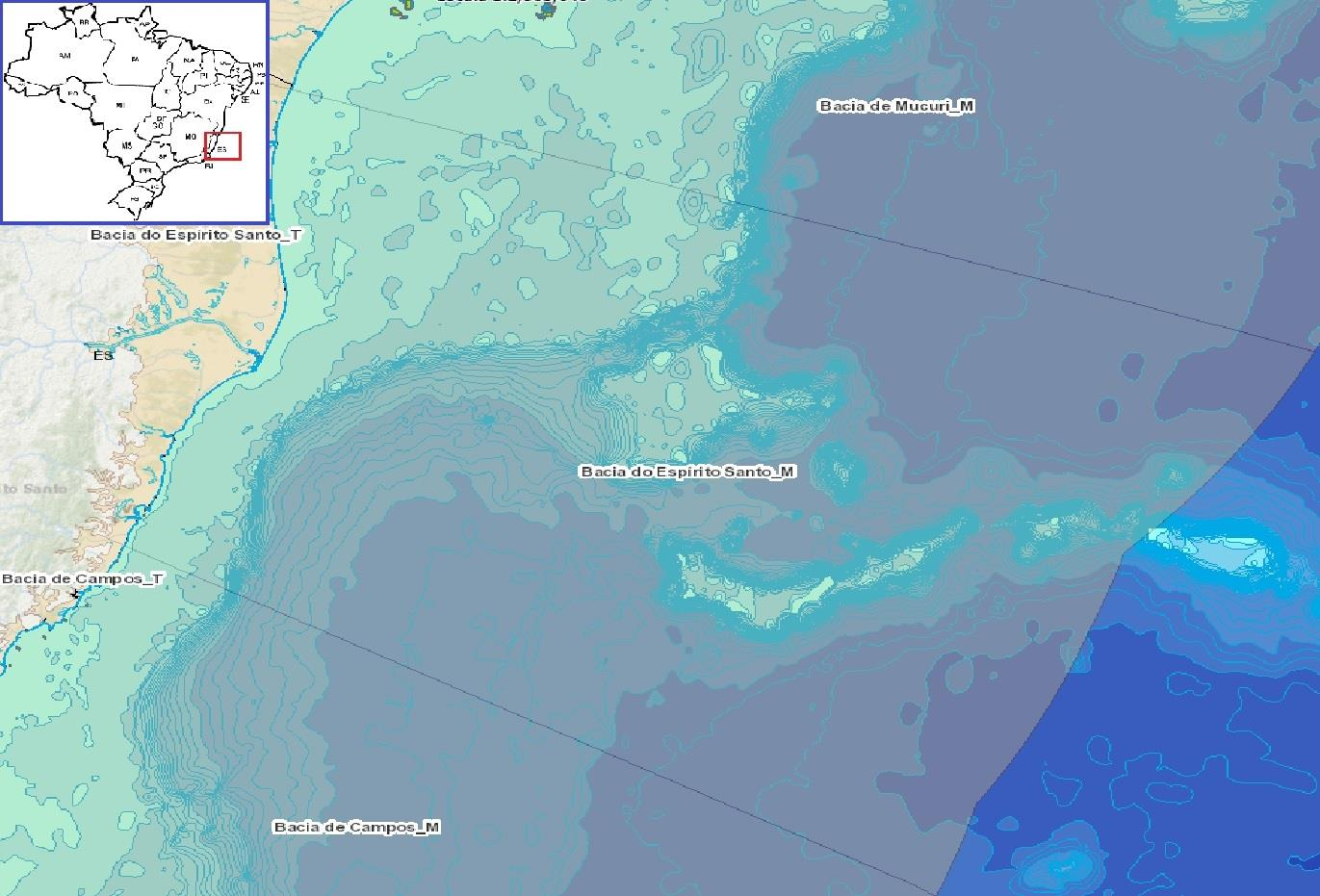 O complexo vulcânico de Abrolhos atribui à bacia uma fisiografia particular, evidenciada por um alargamento da plataforma continental.