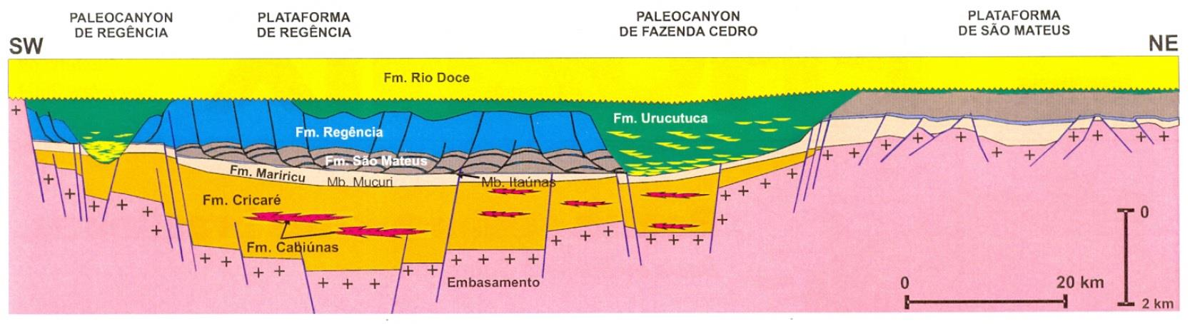 Cretáceo Inferior com o embasamento pré-cambriano. Dentro da Formação Cricaré há uma discordância erosiva, Discordância Intracricaré.