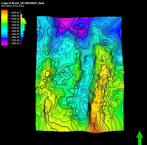 Interpretação do Topo do Reservatório Com ajuda de informação de dados de poços (três disponíveis no bloco sísmico) foi possível fazer a interpretação do topo do Grupo Brent.