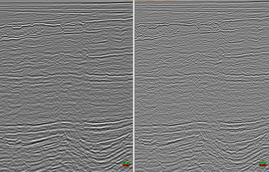Figura 11: linha sísmica antes (esquerda) e depois (direita) da aplicação do smooth. Durante a execução do trabalho o ant tracking foi testado editando-se seus parâmetros.