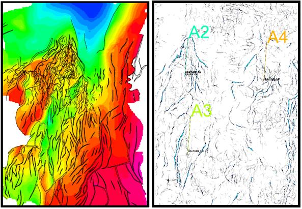 Figura 14: Imagem da direita retirada do trabalho Fault controlled pressure modelling in sedimentary basins de Borge (2000) para comparação com a imagem obtida no ant tracking a esquerda.