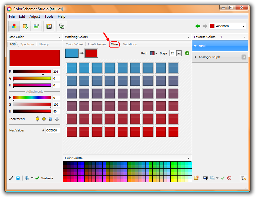 7. Ao clicar no menu LiveShemes (seta vermelha) é possível criar fórmulas personalizadas com base na teoria da cor ou escolher aleatoriamente os esquemas de cores com um simples arrastar e soltar