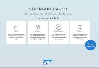 SAP Cloud for Analytics for Predictive Análises Exploratórias Percepções Integrar, visualizar e compartilhar Preparar e Modelar dados diretamente do seu browser na nuvem ou on-premise Modelagem de
