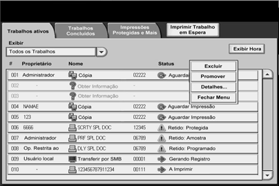 Utilização das funções básicas 12. Pressione Iniciar. 13. Verifique a saída das opções selecionadas (2 faces, grampeado, perfurado). Exercício 4: Como verificar o status do trabalho 1.