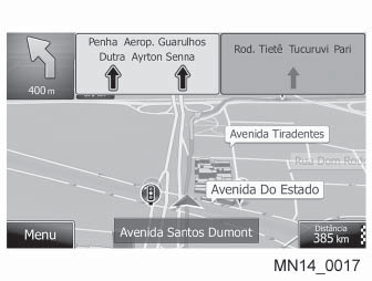 Informações de faixa e sinalizações Ao navegar em ruas com muitas faixas, é importante usar a faixa apropriada de forma a seguir a rota recomendada.