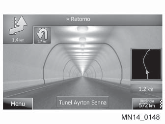 Vista de túnel Ao entrar em um túnel, o mapa será substituído por uma imagem genérica de um túnel para que as imagens da superfície e construções não venham a distraí-lo.