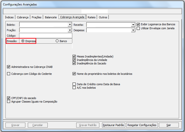 Emissão Empresa: c) Acesse Menu Cadastros > Condomínios > Configurações Avançadas > Aba