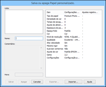 Para exportar as configurações, clique em Gravar/Apagar, selecione o nome do grupo de configurações, clique em Exportar, selecione um local e digite um nome de arquivo.