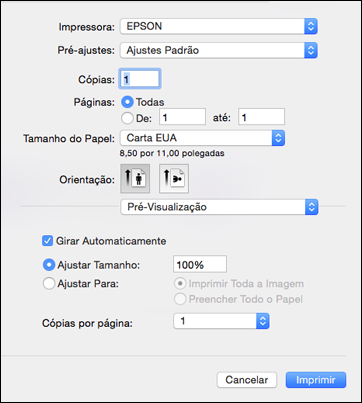 Você verá a janela de configurações da impressora expandida para o seu produto: Observação: A janela de impressão pode ser diferente, dependendo da versão do OS X e do aplicativo usado. 5.