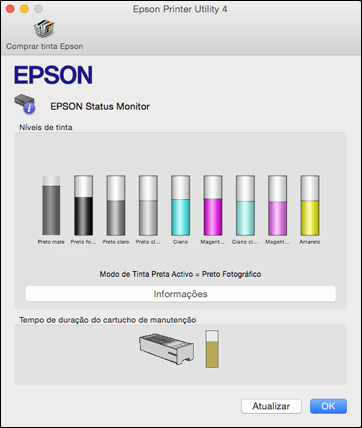 Tarefas relacionadas Como retirar e instalar cartuchos de tinta Verificação do estado dos cartuchos com OS X Você pode verificar o estado do cartucho de tinta usando um utilitário no seu Mac. 1.