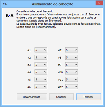 Você verá uma janela como esta: 5. Verifique o padrão impresso e siga as instruções na tela para escolher o número que representa o melhor padrão impresso para cada conjunto.