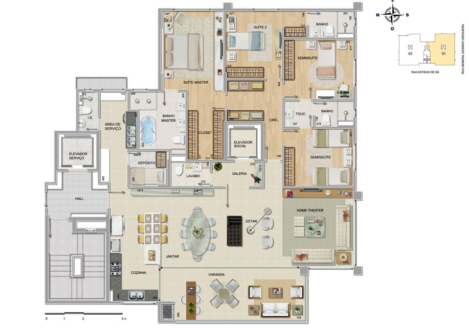 Janela Panorâmica Apartamento tipo - Variação cozinha americana (final 01) - 189 m² Suíte Master com amplo closet Banho
