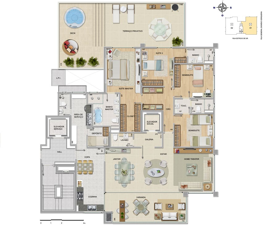 Deck com hidro Apartamento com área privativa (unidade 401) - 245 m² Suíte Master com amplo closet Banho