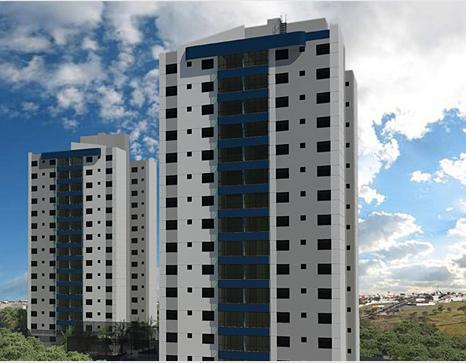 Figura 2: (a) Planta do apartamento tipo do Edifício Ouro Preto, com 90,50m² de área (a) (b) privativa; (b) Perspectiva da fachada dos dois blocos de edifício; e (c) Croqui esquemático da implantação