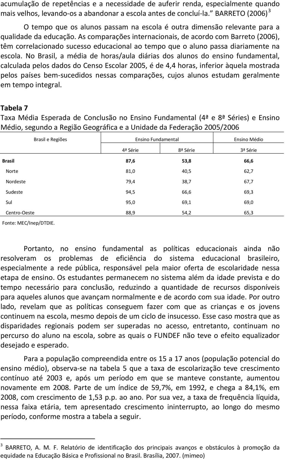 As comparações internacionais, de acordo com Barreto (2006), têm correlacionado sucesso educacional ao tempo que o aluno passa diariamente na escola.