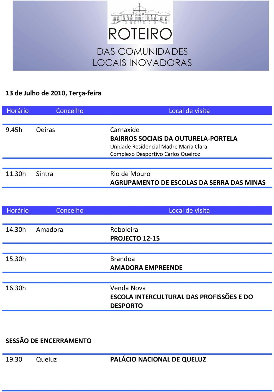 Queiroz 11.30h Sintra Rio de Mouro AGRUPAMENTO DE ESCOLAS DA SERRA DAS MINAS Horário Concelho Local de visita 14.