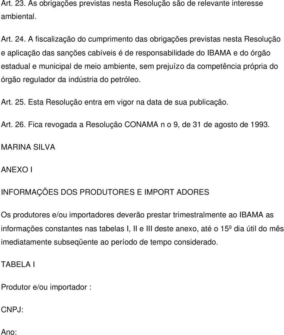 da competência própria do órgão regulador da indústria do petróleo. Art. 25. Esta Resolução entra em vigor na data de sua publicação. Art. 26.