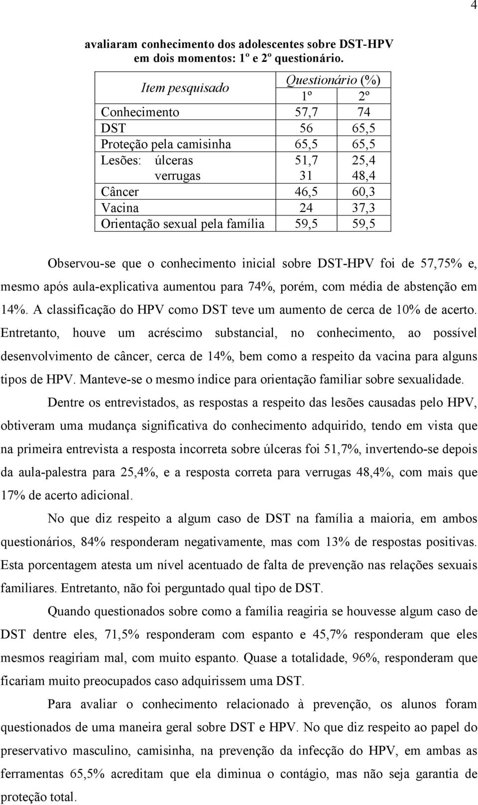 pela família 59,5 59,5 Observou-se que o conhecimento inicial sobre DST-HPV foi de 57,75% e, mesmo após aula-explicativa aumentou para 74%, porém, com média de abstenção em 14%.