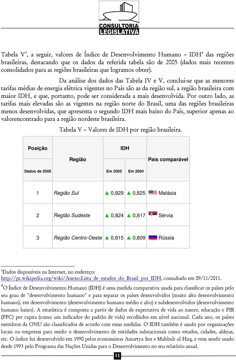 Da análise dos dados das Tabela IV e V, conclui-se que as menores tarifas médias de energia elétrica vigentes no País são as da região sul, a região brasileira com maior IDH, e que, portanto, pode