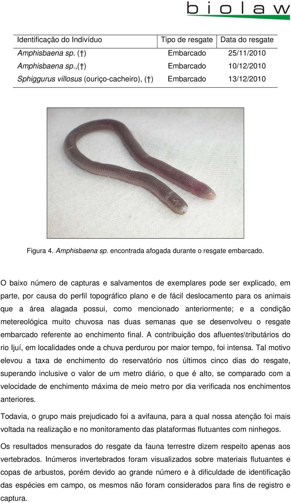 O baixo número de capturas e salvamentos de exemplares pode ser explicado, em parte, por causa do perfil topográfico plano e de fácil deslocamento para os animais que a área alagada possui, como