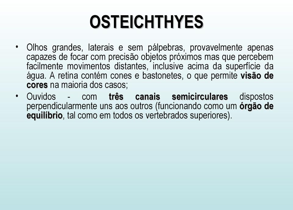 A retina contém cones e bastonetes, o que permite visão de cores na maioria dos casos; Ouvidos - com três canais