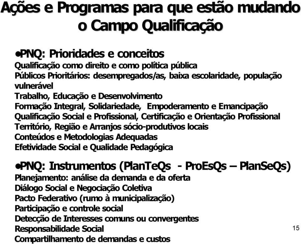 Profissional Território, Região e Arranjos sócio produtivos locais Conteúdos e Metodologias Adequadas Efetividade Social e Qualidade Pedagógica PNQ: Instrumentos (PlanTeQs ProEsQs PlanSeQs)