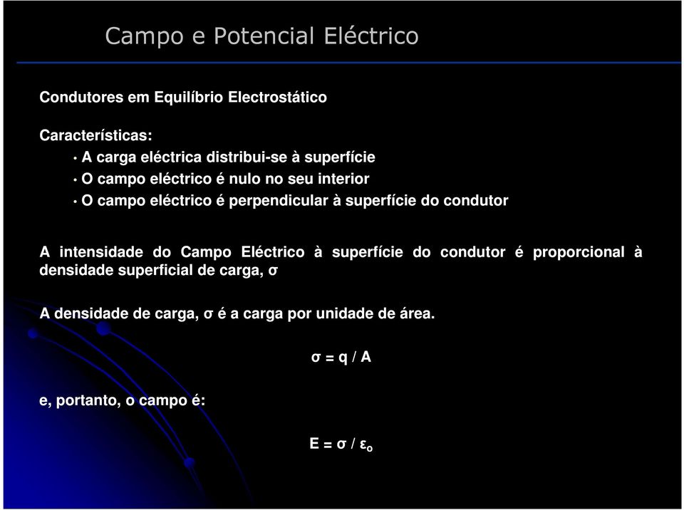 condutor A intensidade do Campo Eléctrico à superfície do condutor é proporcional à densidade