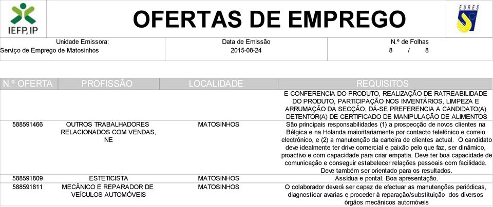 DÁ-SE PREFERENCIA A CANDIDATO(A) DETENTOR(A) DE CERTIFICADO DE MANIPULAÇÃO DE ALIMENTOS São principais responsabilidades (1) a prospecção de novos clientes na Bélgica e na Holanda maioritariamente