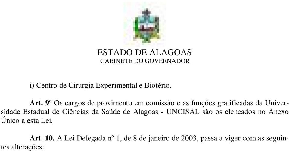 A Lei Delegada nº 1, de 8 de janeiro de 2003, passa a viger com as seguintes alterações: Art. 26. (...) 5º (...) I - (...) c) Universidade Estadual de Ciências da Saúde de Alagoas - UNCISAL; (NR) (.