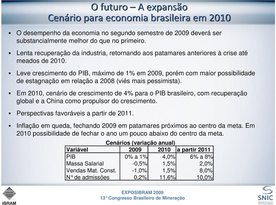 Leve crescimento do PIB, máximo de 1% em 2009, porém com maior possibilidade de estagnação em relação a 2008 (viés mais pessimista).