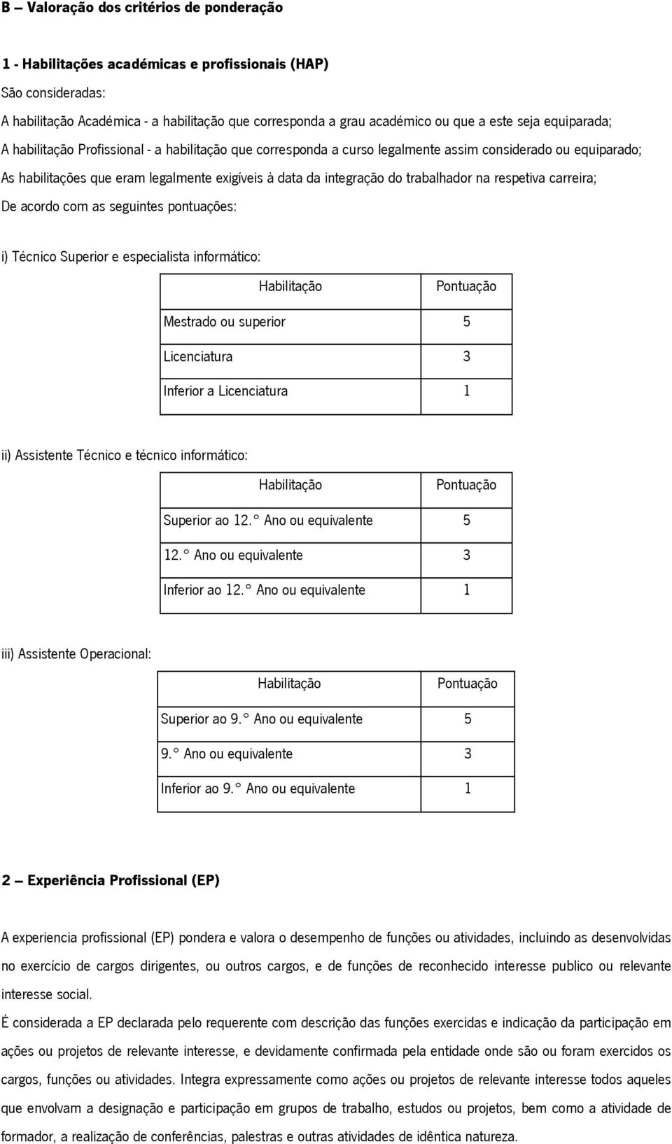 trabalhador na respetiva carreira; De acordo com as seguintes pontuações: i) Técnico Superior e especialista informático: Habilitação Mestrado ou superior 5 Licenciatura 3 Inferior a Licenciatura 1