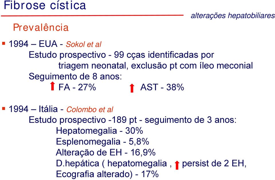 38% 1994 Itália - Colombo et al Estudo prospectivo -189 pt - seguimento de 3 anos: Hepatomegalia - 30%