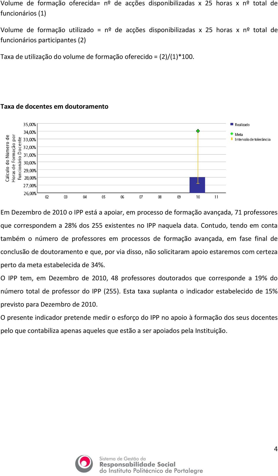 Taxa de docentes em doutoramento Em Dezembro de 2010 o IPP está a apoiar, em processo de formação avançada, 71 professores que correspondem a 28% dos 255 existentes no IPP naquela data.