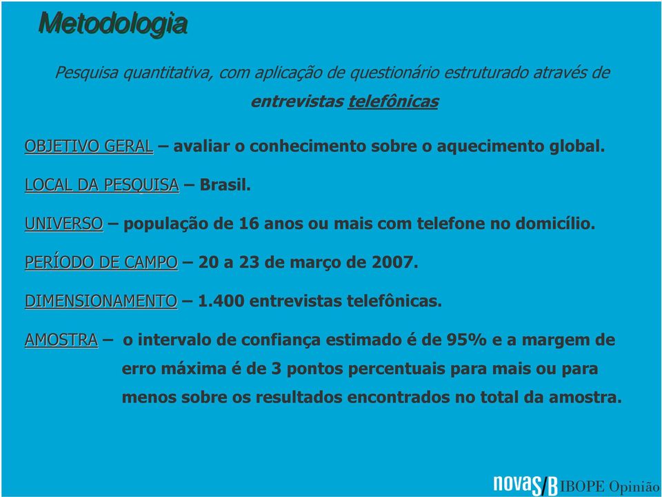 PERÍODO DE CAMPO 20 a 23 de março de 2007. DIMENSIONAMENTO 1.400 entrevistas telefônicas.