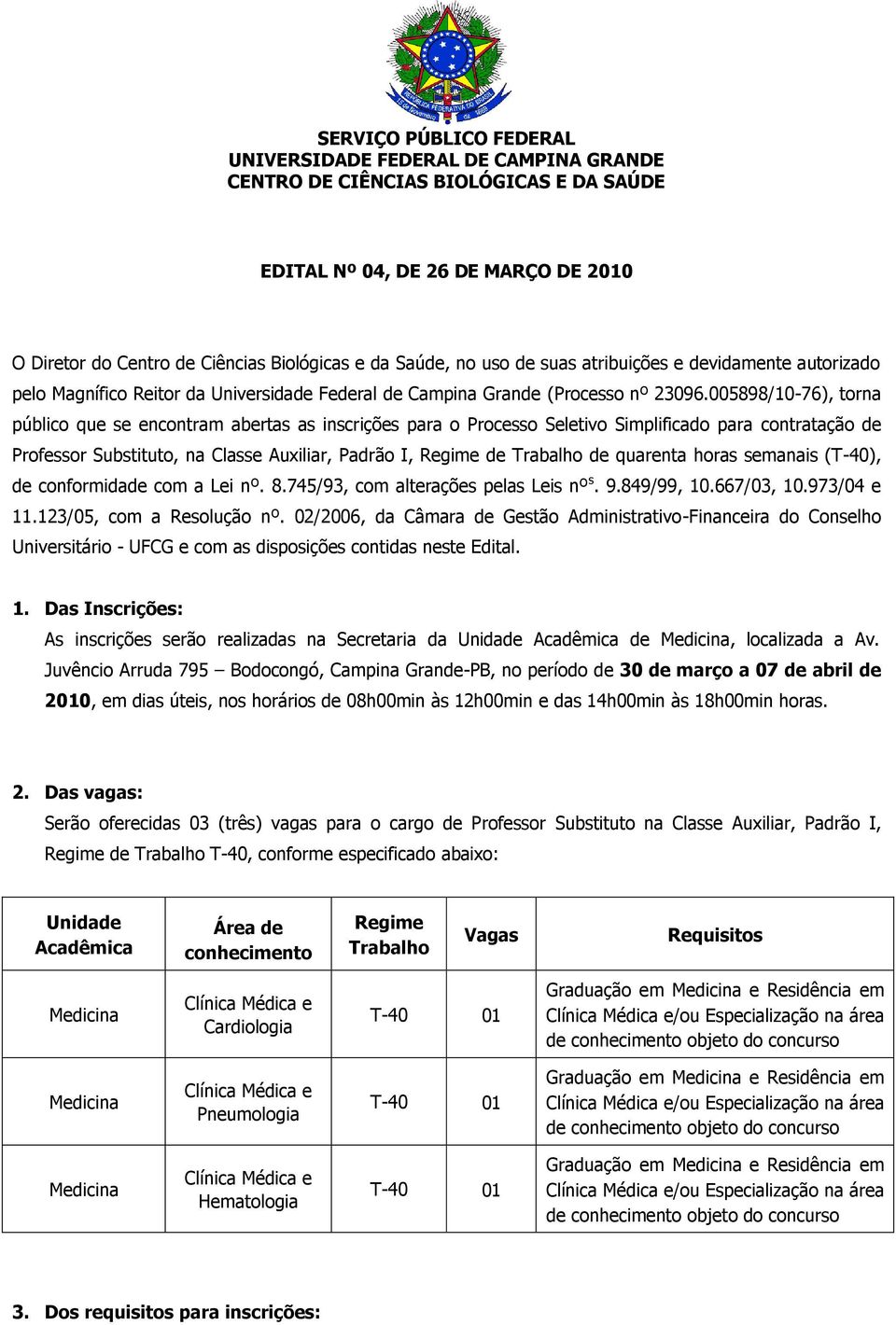 005898/10-76), torna público que se encontram abertas as inscrições para o Processo Seletivo Simplificado para contratação de Professor Substituto, na Classe Auxiliar, Padrão I, Regime de Trabalho de