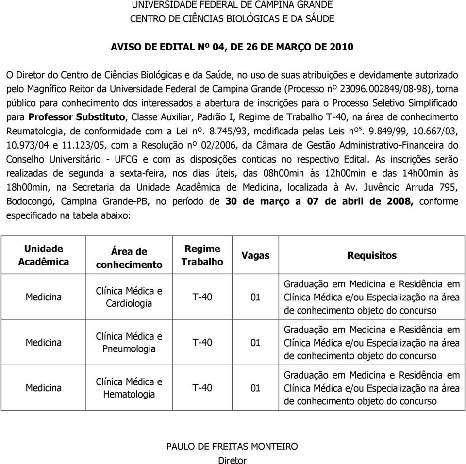 002849/08-98), torna público para conhecimento dos interessados a abertura de inscrições para o Processo Seletivo Simplificado para Professor Substituto, Classe Auxiliar, Padrão I, Regime de Trabalho