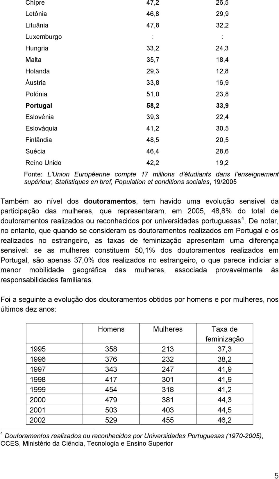 Population et conditions sociales, 19/2005 Também ao nível dos doutoramentos, tem havido uma evolução sensível da participação das mulheres, que representaram, em 2005, 48,8% do total de