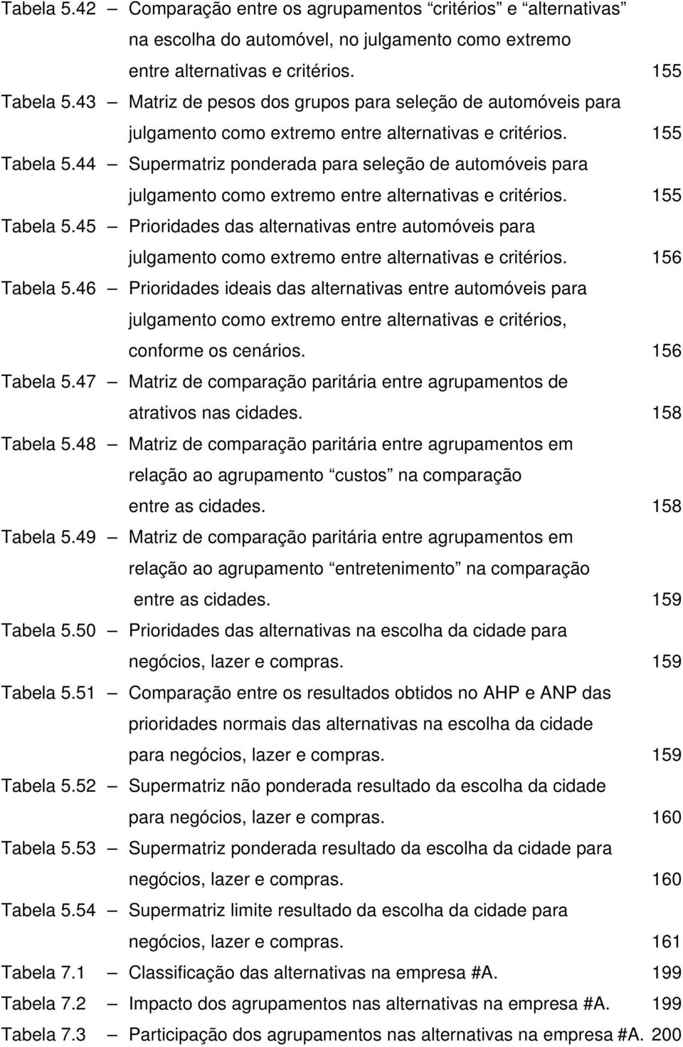 44 Supermatriz ponderada para seleção de automóveis para julgamento como extremo entre alternativas e critérios. 155 Tabela 5.