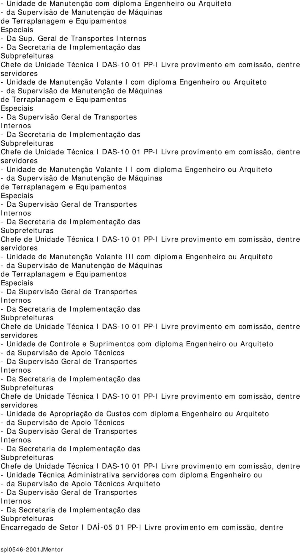 Volante I I com diploma Engenheiro ou Arquiteto - da Supervisão de Manutenção de Máquinas de Terraplanagem e Equipamentos Especiais - Unidade de Manutenção Volante III com diploma Engenheiro ou