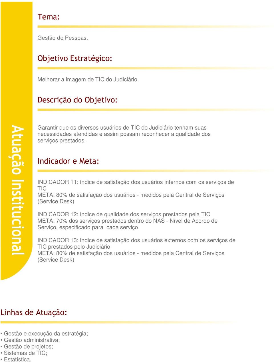 INDICADOR 11: índice de satisfação dos usuários internos com os serviços de TIC META: 80% de satisfação dos usuários - medidos pela Central de Serviços (Service Desk) INDICADOR 12: índice de