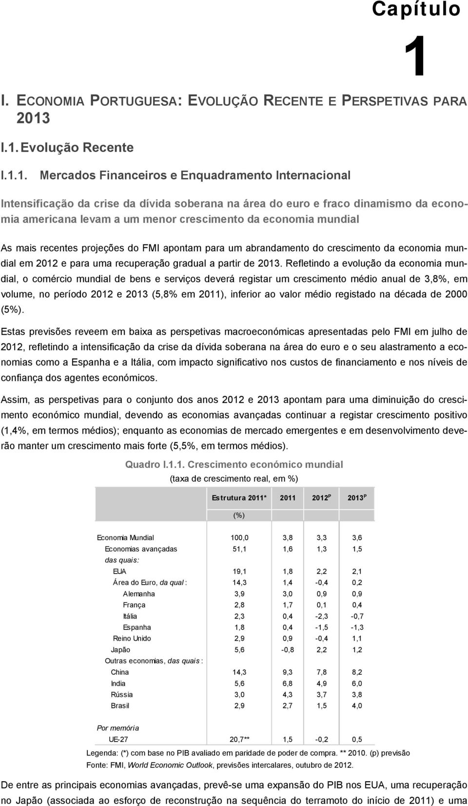 I.1. Evolução Recente I.1.1. Mercados Financeiros e Enquadramento Internacional Intensificação da crise da dívida soberana na área do euro e fraco dinamismo da economia americana levam a um menor